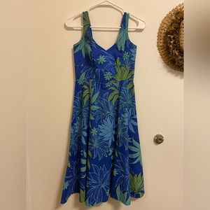 Ti-leaf print blue dress